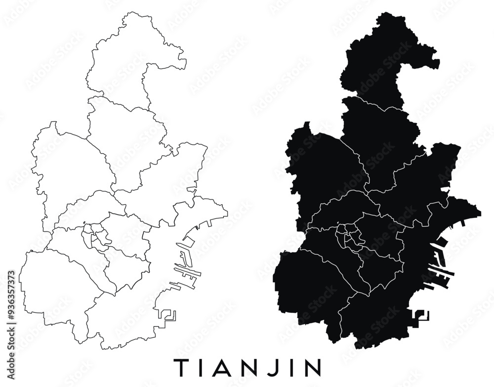 Wall mural tianjin map of regions districts vector black on white and outline