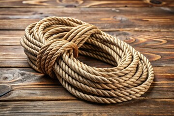 A sturdy cord made of intertwined brown and beige threads lies coiled on a rustic wooden table, ready for outdoor adventures or DIY projects.