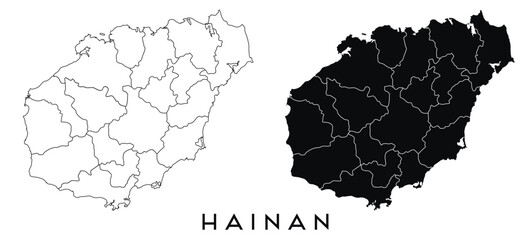 Hainan map of regions districts vector black on white and outline