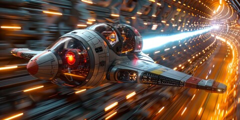 Spaceship Flying Through a Futuristic Tunnel