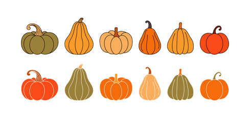 Harvest festival poster. Cute pumpkins set. Autumn illustration. Flat vector illustration.