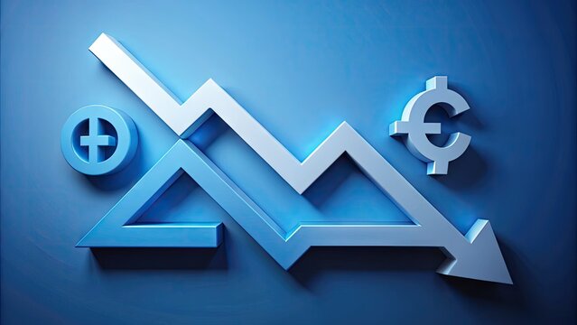 A stylized downward arrow surrounded by percentages and currency symbols on a blue background, representing beneficial low interest rates for borrowers and investors.