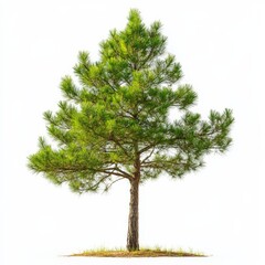 A tall, green pine tree stands alone in a field of grass