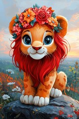 Fototapeta premium Adorable Lion Cub with Flower
