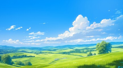 Anime-Style Illustration of Endless Grassland in the Foreground with Blue Sky, White Clouds, and Green Hills Under the Sun

