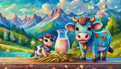 Fototapeta premium OIL PAINTING STYLE Cartoon character Milk with hay on wooden table and cute cow grazing in meadow