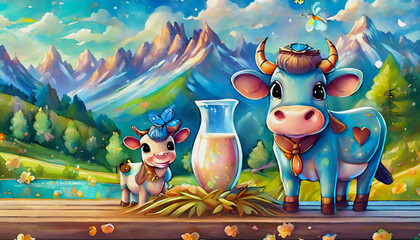 OIL PAINTING STYLE Cartoon character Milk with hay on wooden table and cute cow grazing in meadow