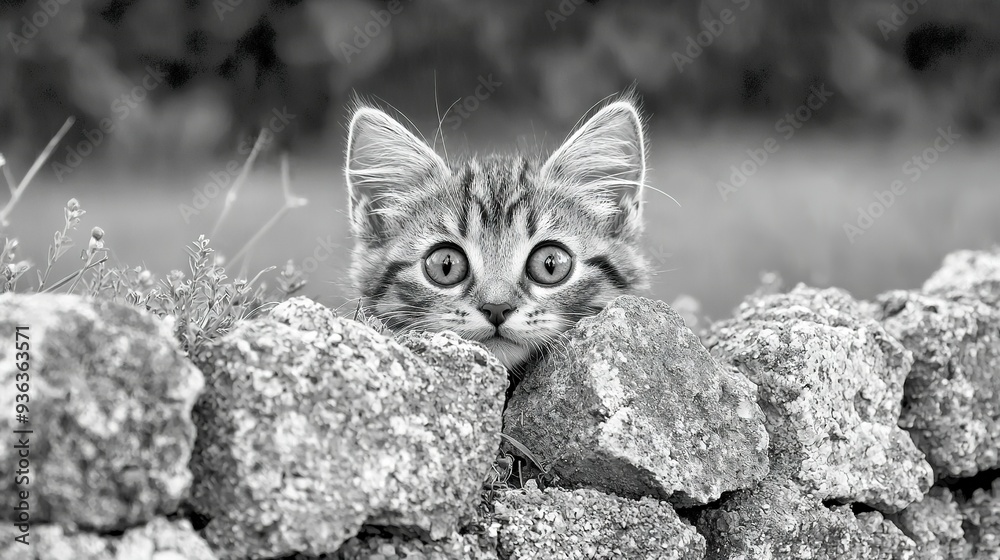 Poster a monochrome snapshot of a feline poking its head out from behind a boulder, surrounded by greenery