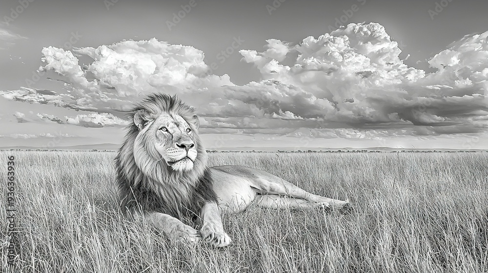 Sticker   A picture of a lion lounging in long grass under a cloudy sky