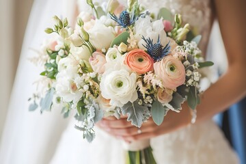 a wedding bouquet being held by the bride, with intricate floral details