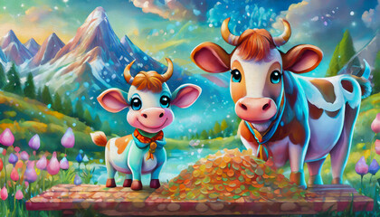 Fototapeta premium OIL PAINTING STYLE Cartoon character Milk with hay on wooden table and cute cow grazing in meadow