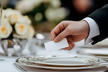 a hand placing a name card on a beautifully set table at a formal event
