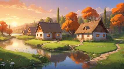 Fototapeta premium Scenic view of a traditional village with wooden houses by a tranquil pond at sunset surrounded by lush greenery and distant hills