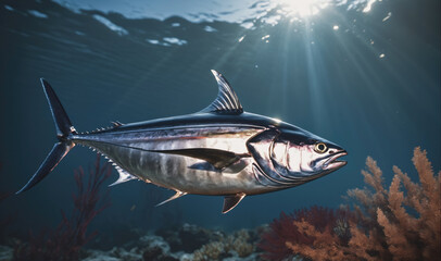 Naklejka premium A large tuna swims through the clear, blue ocean, sunlight streaming in from above