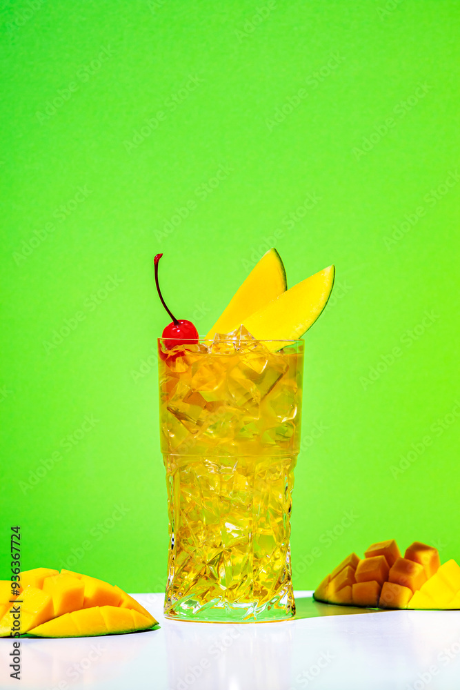 Wall mural Mango and rum alcoholic cocktail drink with syrup, ginger beer, lemon juice and ice. Green background, hard light