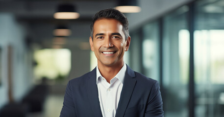 Fototapeta premium Portrait confident happy smiling Hispanic businessman standing in the office and looking at camera
