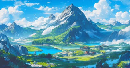 Obraz premium Panoramic Anime Landscape of Green Mountains, Blue Lakes, and Villages with Majestic Peak and Floating White Clouds