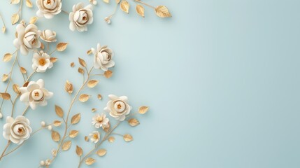 Fototapeta premium An elegant border of golden roses, adding a touch of glamour to a minimalist design. The image offers plenty of copy space for adding text or graphics.