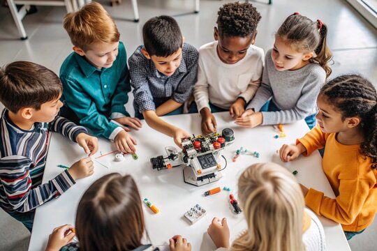 Young Students Engage in Robotics Learning. A group of enthusiastic children, ranging from diverse ethnic backgrounds, gather around a table in a classroom setting. 