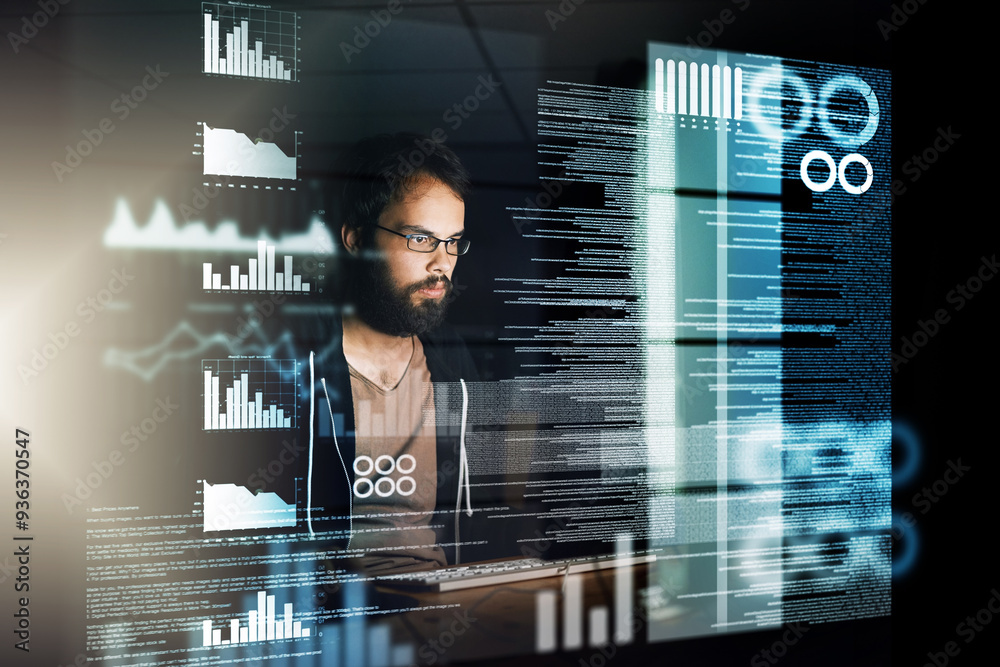 Poster Man, programmer and night with overlay on computer for data, future development or analytics at office. Male person or developer working late on futuristic technology, hud or dashboard for software