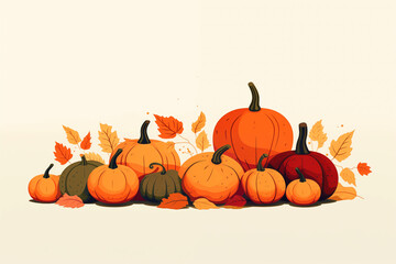 A colourful illustration of pumpkins and fallen leaves on a light background