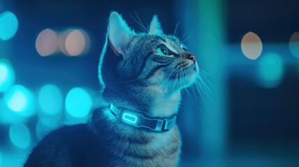 Futuristic digital art of a cat with glowing cyber eyes in neon ambiance