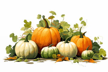 A colourful illustration of pumpkins and fallen leaves on a white background 