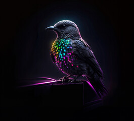 Neon colored bird on the dark background