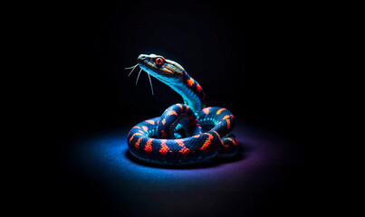 Neon colored snake on the dark background