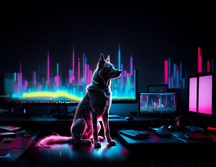 Neon colored dog on the dark background with tv and computer