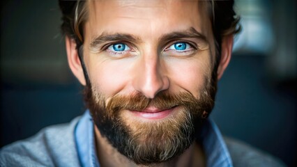 Bearded man in his thirties with bright blue eyes and a warm genuine smile, looking directly at the camera with confidence and friendliness.