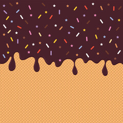 Chocolate glaze with waffle on background with colorful sprinkles,vector illustration.	