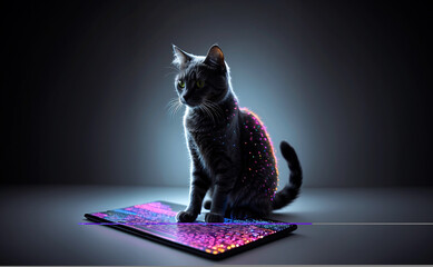 Neon colored cat on the dark background