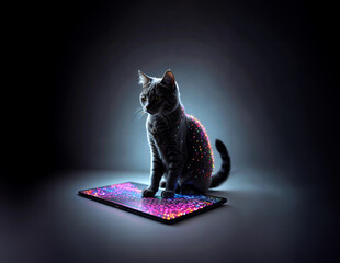 Neon colored cat on the dark background