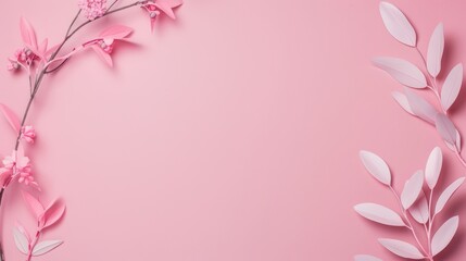 Naklejka premium A soft pink foliage border surrounds a minimalist background with generous copy space, ideal for sophisticated and elegant projects.