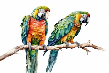 Fototapeta premium Two parrots birds on an isolated white background, watercolor illustration, hand drawing