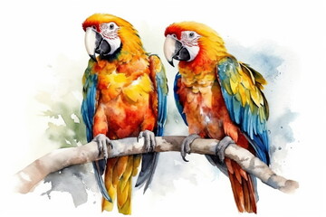 Obraz premium Two parrots birds on an isolated white background, watercolor illustration, hand drawing