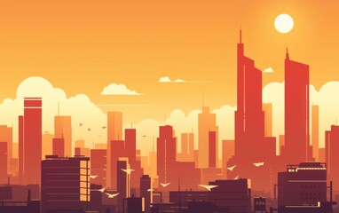 Naklejka premium Minimalist Style Sunset Over City Skyline with Warm Hues Casting Tranquil Atmosphere Across Buildings