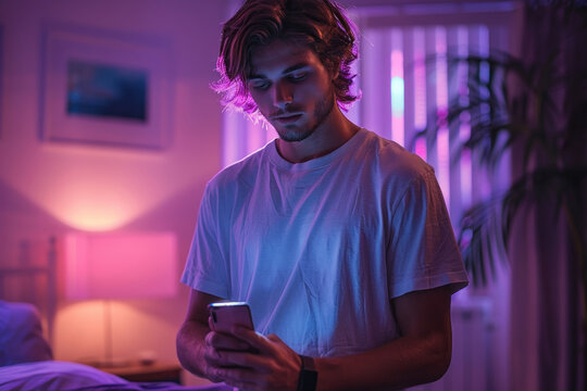 Man using smartphone at home under purple lighting