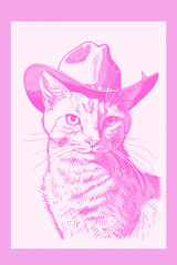 Vintage Cowboy art in pink red style hand drawing line art.Modern retro pink red poster coquette style for posters and placards, print for clothes