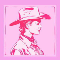 Vintage Cowboy girl art in pink red style hand drawing line art.Modern retro pink red poster coquette style for posters and placards, print for clothes