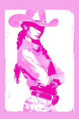 Vintage Cowboy girl art in pink red style hand drawing line art.Modern retro pink red poster coquette style for posters and placards, print for clothes