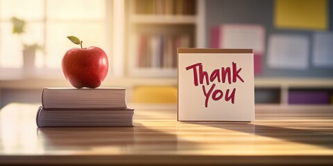 A heartfelt thank you displayed with an apple and books in a cozy classroom setting illuminated by soft sunlight in the afternoon