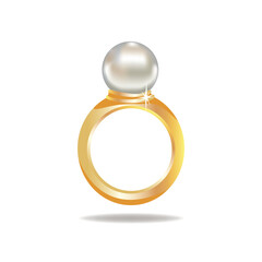 Golden ring with big white pearl. Princess jewelry. Cartoon style. Vector illustration isolated on white background.