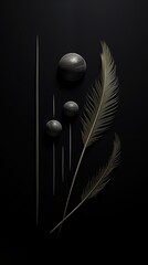 A minimalist composition featuring three spherical objects, a long thin stick, and two elegant feathers arranged against a black background. The objects vary in size and texture.