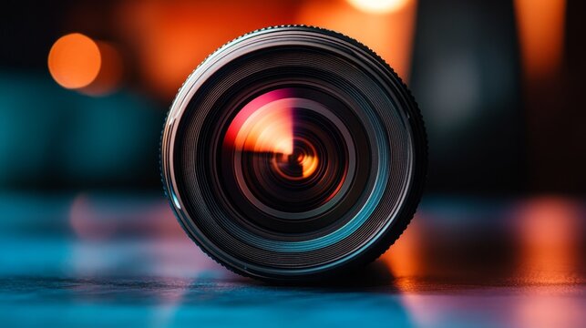A close-up of a camera lens highlighting its intricate design and reflections, emphasizing photography and creativity.