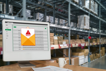 Cyber attacking concept. Malware alert showing on computer screen display scam and threat detection on computer system or online server to be removed snugly.