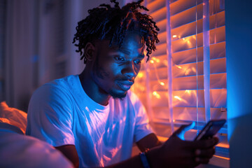 Young man using smartphone illuminated by vibrant window lights