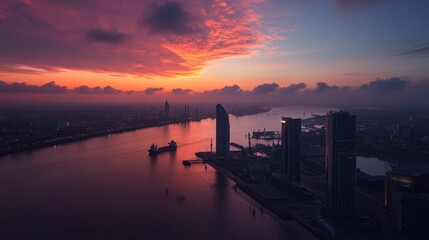 Naklejka premium A stunning sunset over a city skyline, reflecting on the water with ships docked along the shore.