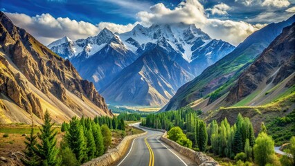 Breathtaking vista of Karakoram Highway, a winding mountain road surrounded by towering Himalayan peaks and lush green valleys in northern Pakistan.
